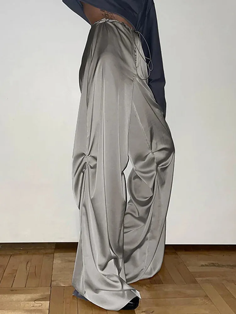 Grey Satin Loose Wide Leg Drawstring Pants