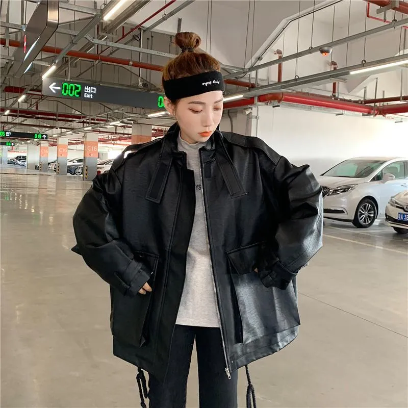 Grunge Faux Leather Drawstring Oversized Jacket