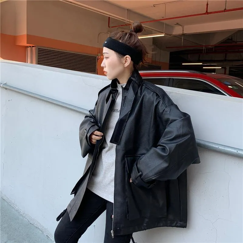 Grunge Faux Leather Drawstring Oversized Jacket