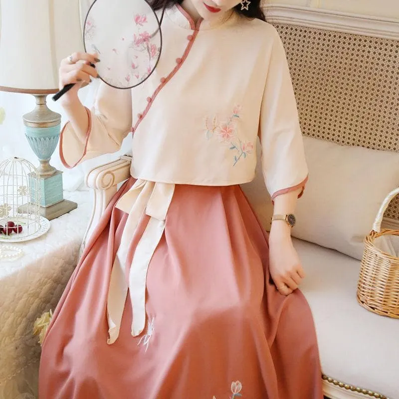 Hanfu Dress Set With Flower Embroidery