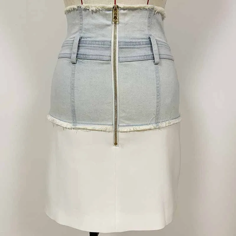 Hight Waisted Jean Skirt Blue and White Short Irregular Denim Skirt