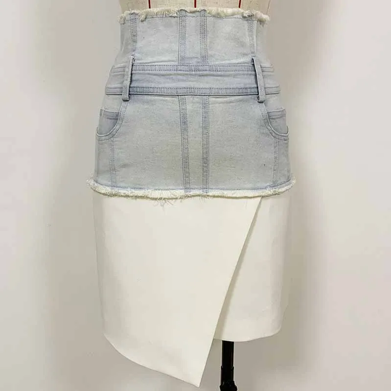 Hight Waisted Jean Skirt Blue and White Short Irregular Denim Skirt