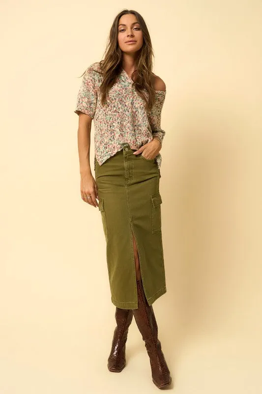 Hot Girl Denim Lab Cargo Midi Skirt In Olive