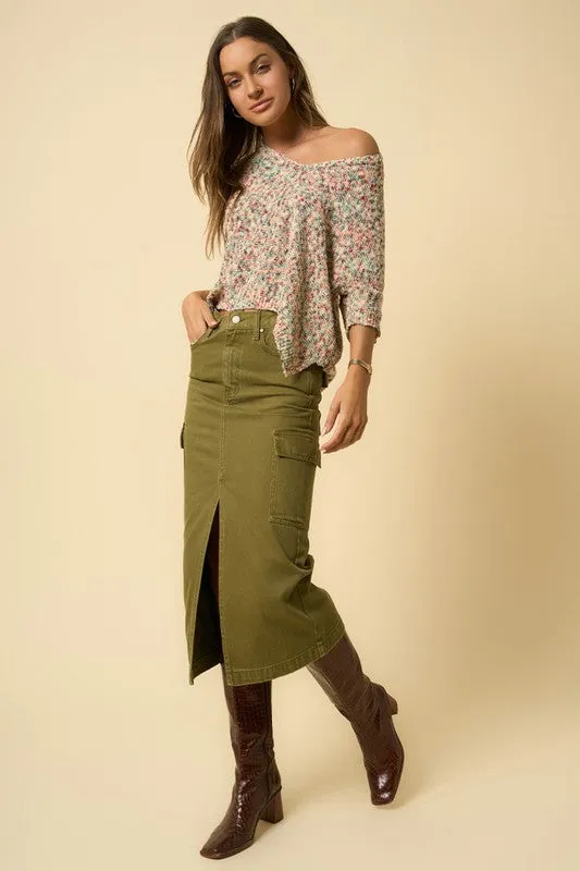 Hot Girl Denim Lab Cargo Midi Skirt In Olive