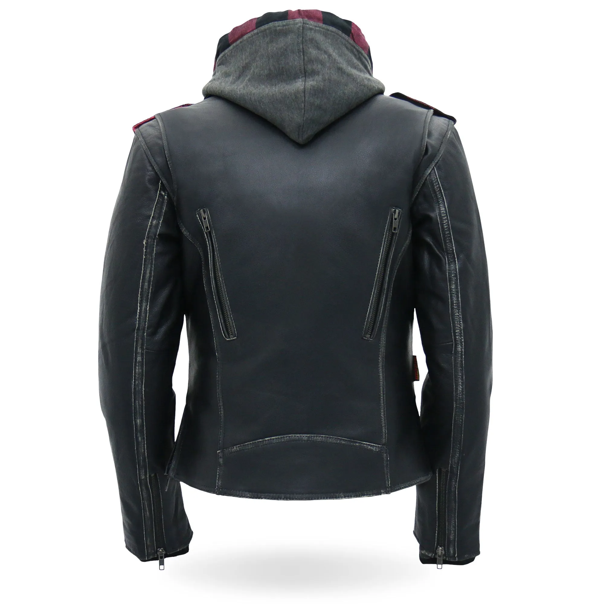 Hot Leathers JKL1033 Ladies Biker Black Leather Motorcycle Jacket with Removable Hoodie