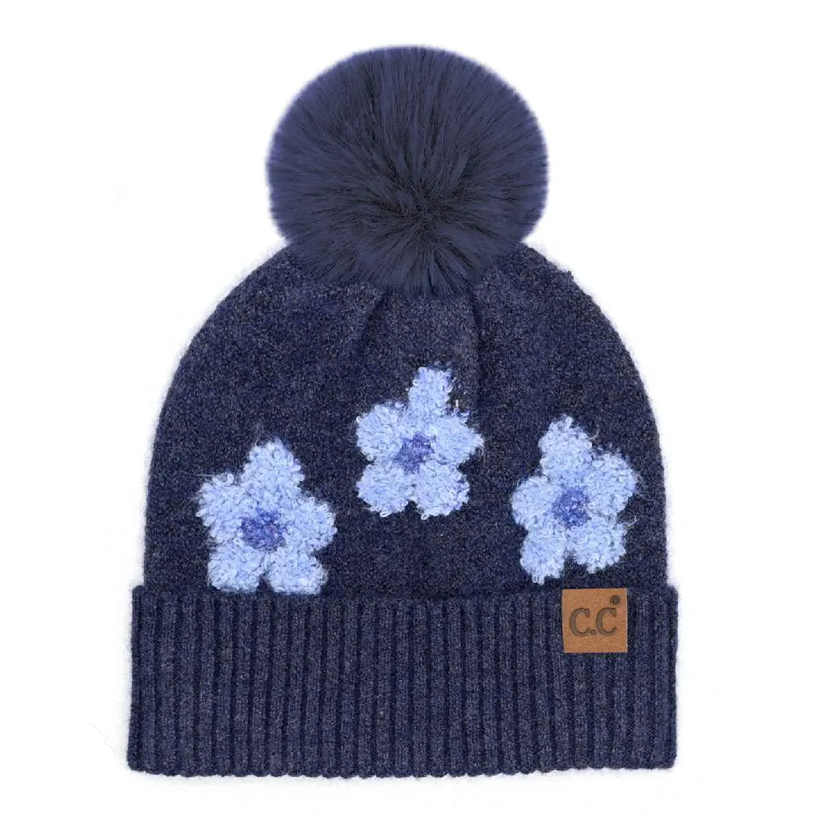 HTC0079 Darla Daisy Contrast Fur Pom Beanie