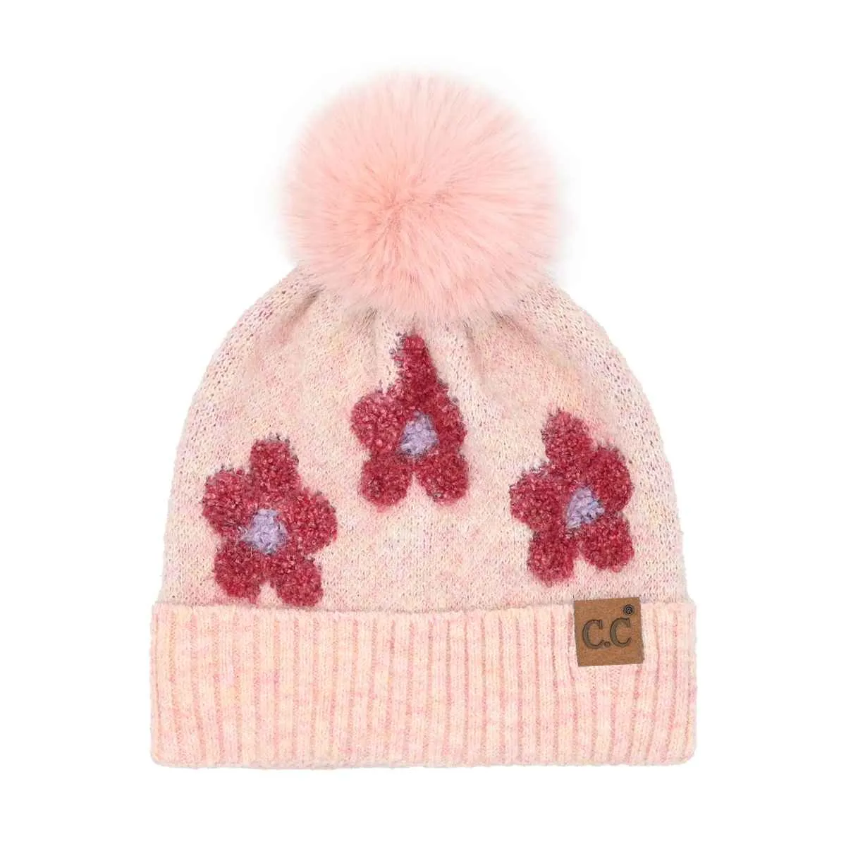 HTC0079 Darla Daisy Contrast Fur Pom Beanie