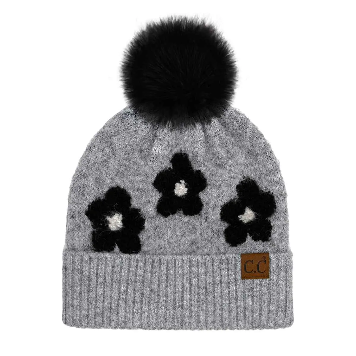 HTC0079 Darla Daisy Contrast Fur Pom Beanie