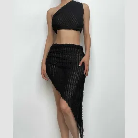 Irregular one shoulder sleeveless textured midi skirt set