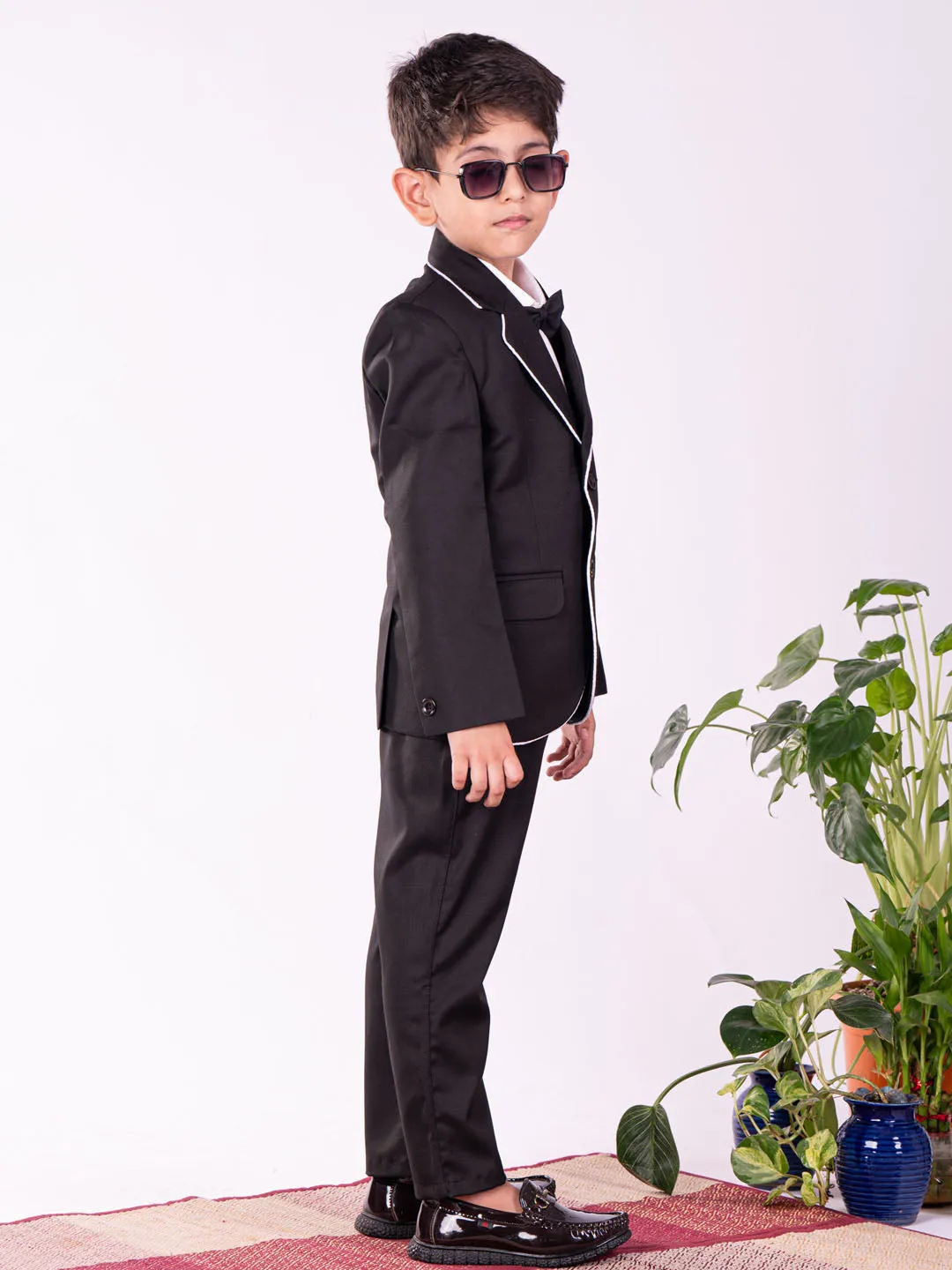 Jashvi Boys' White And Black Shirt Blazer And Pant