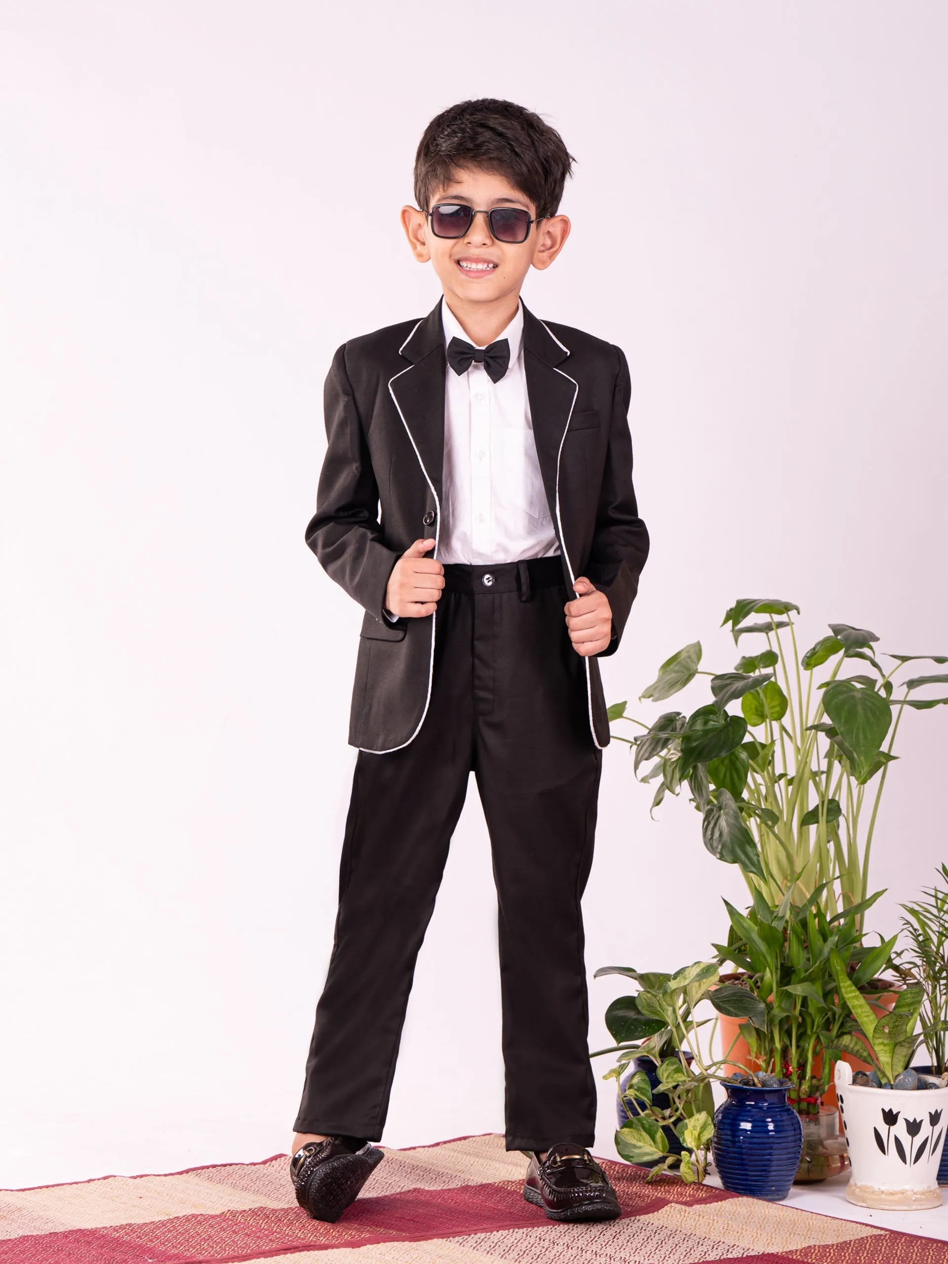 Jashvi Boys' White And Black Shirt Blazer And Pant