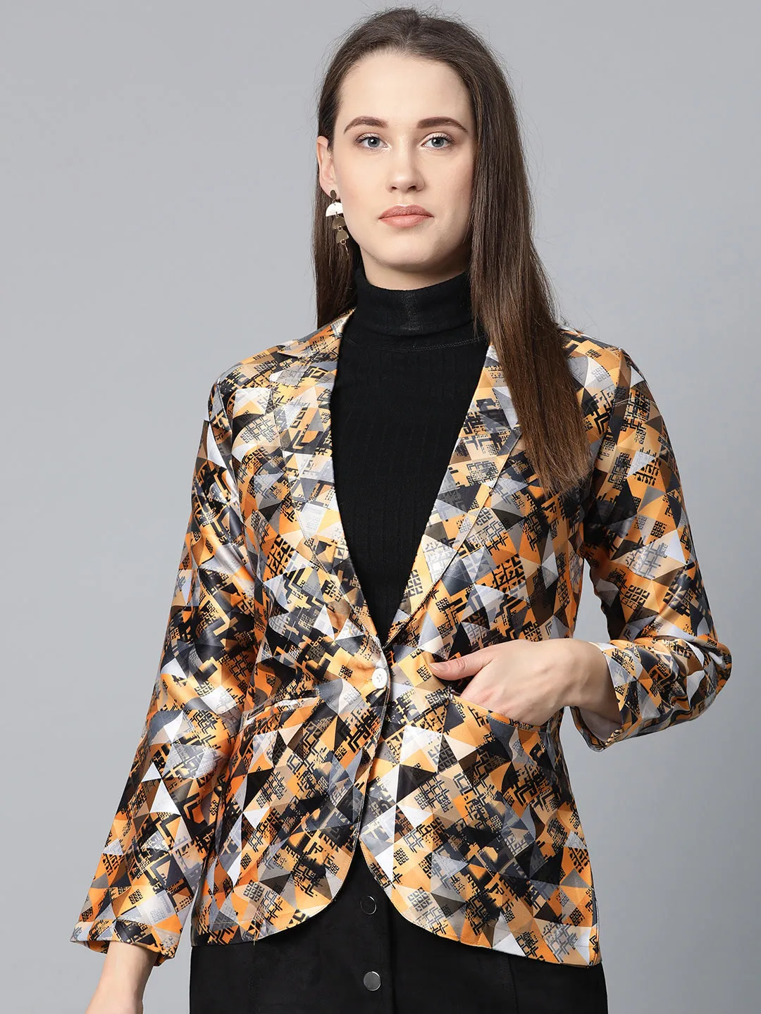 Jashvi Women Mustard Yellow & Grey Satin Finish Printed Single-Breasted Blazer