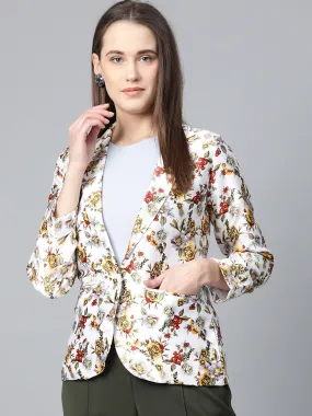 Jashvi Women White & Yellow Satin Finish Floral Print Single-Breasted Blazer