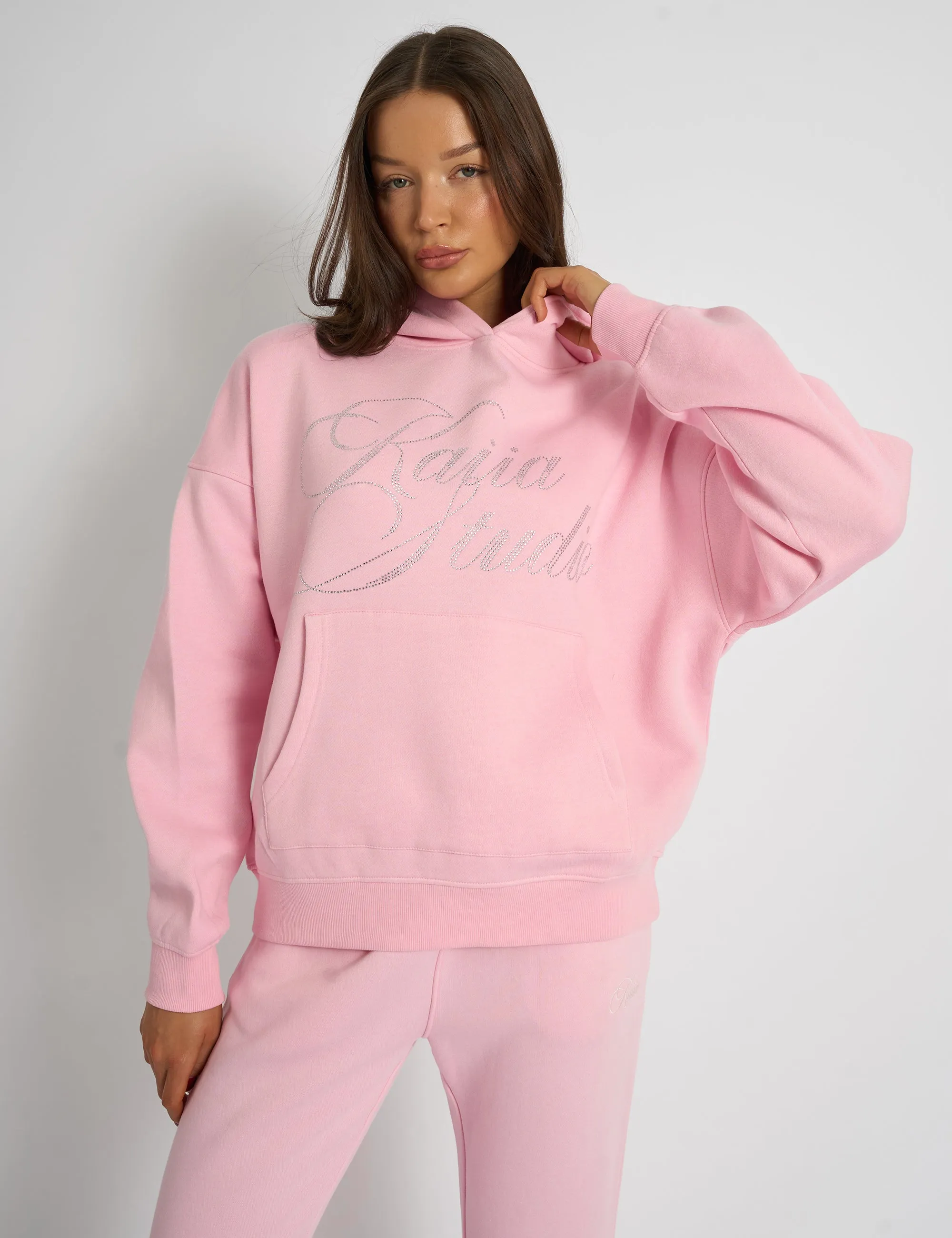 Kaiia Studio Diamante Embellished Oversized Hoodie Baby Pink