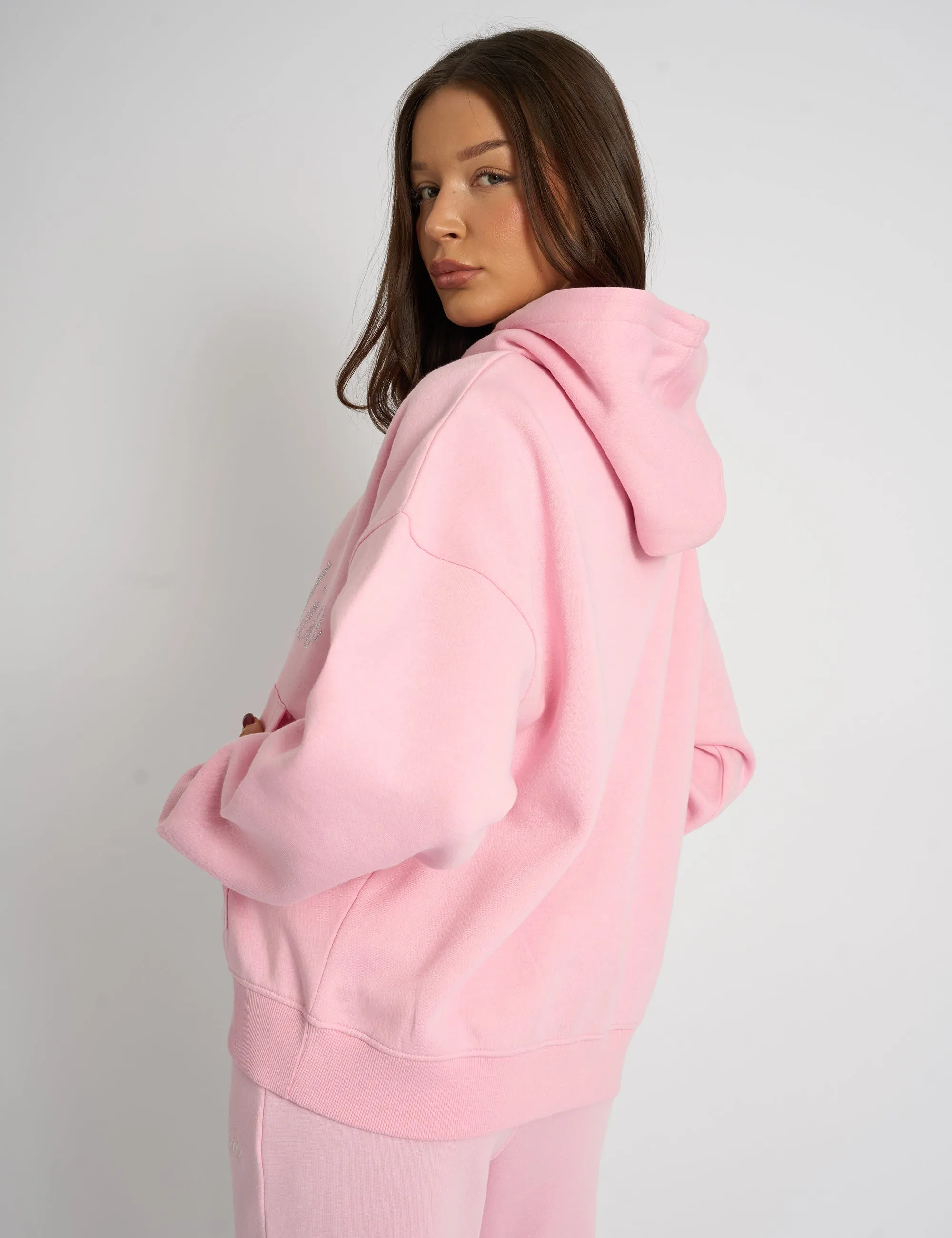 Kaiia Studio Diamante Embellished Oversized Hoodie Baby Pink