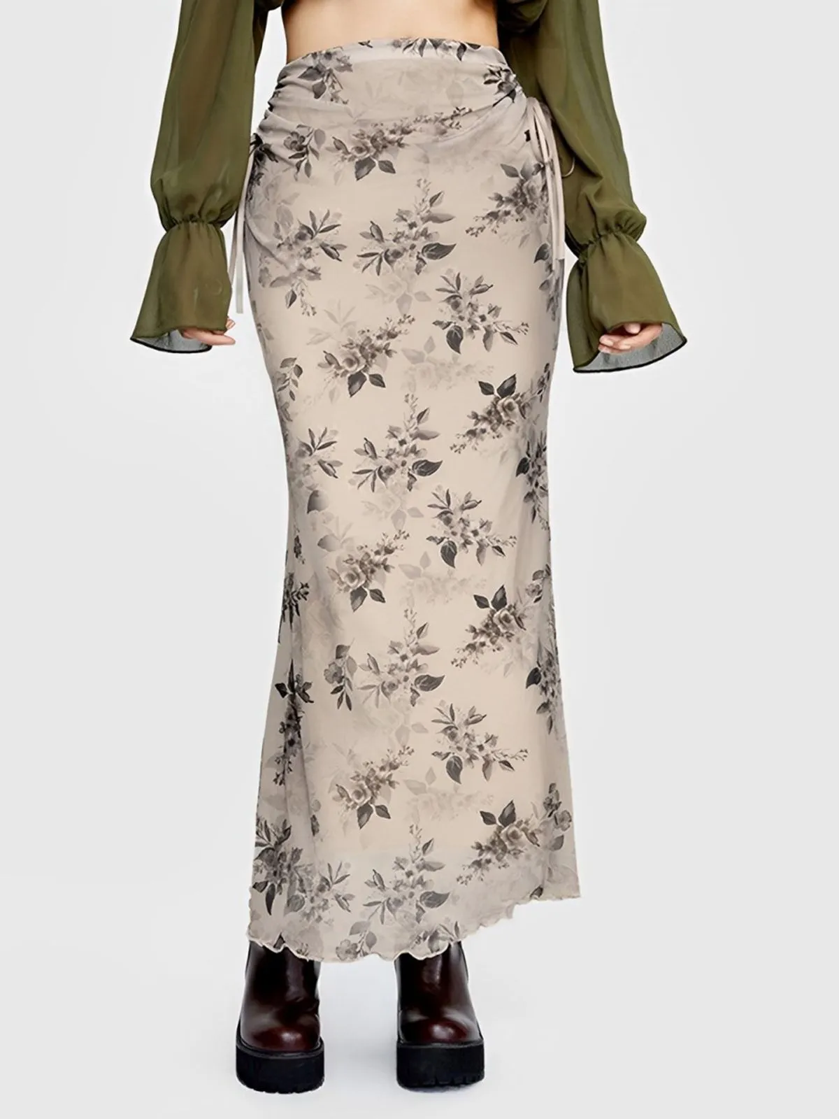 Khaki 1930s Plants Double Mesh Fishtail Skirt