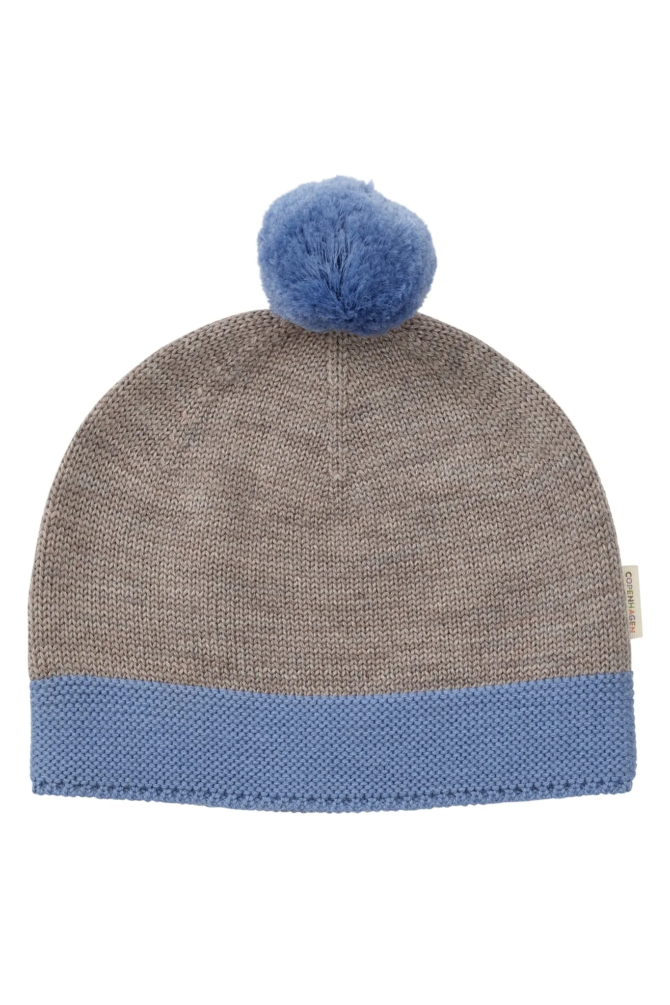 KNITTED BEANIE WITH POMPOM - NATURAL MELANGE/ BLUE COMB.