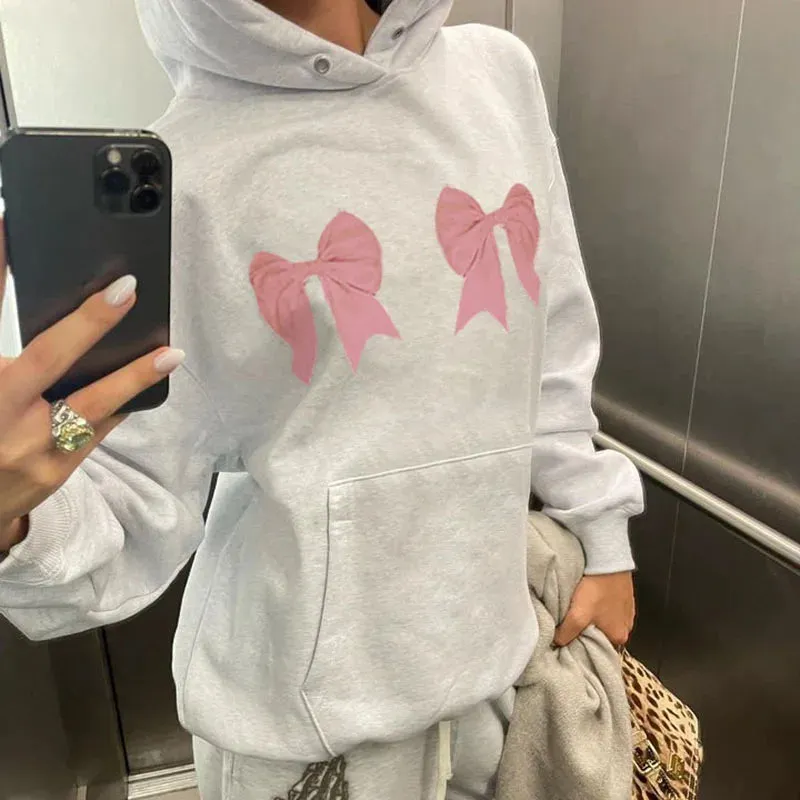 Korean Fashion Bow Printed Loose Women Hoodie Autumn Winter Casual Pullover Preppy Style Cute Sweatshirt Hooded