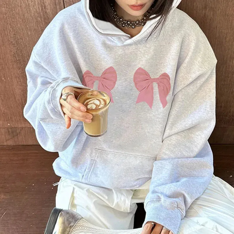 Korean Fashion Bow Printed Loose Women Hoodie Autumn Winter Casual Pullover Preppy Style Cute Sweatshirt Hooded