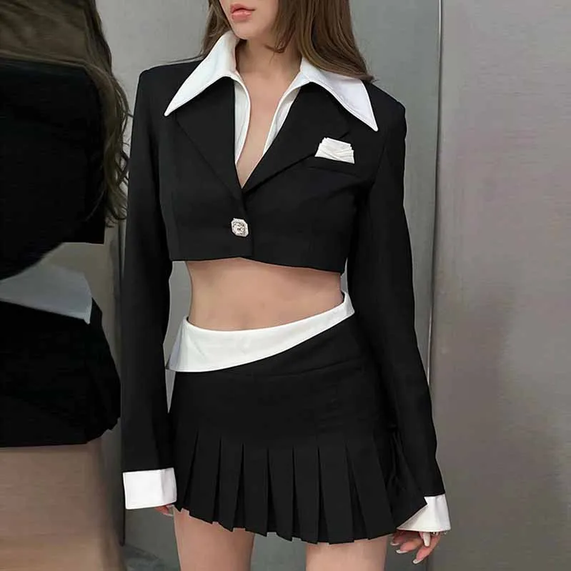 Ladies Black Short Blazer   Black Skirt 2 Pieces Set Mini Skirt Suits