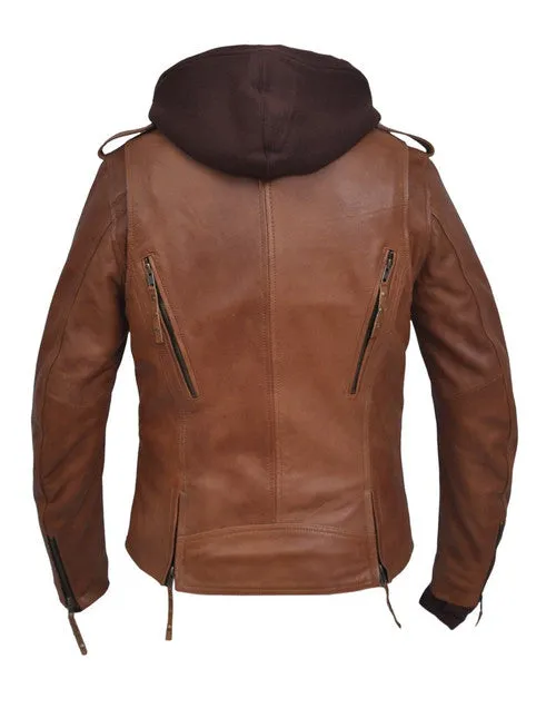 Ladies Lambskin Brown Leather Jacket with Removable Hoodie