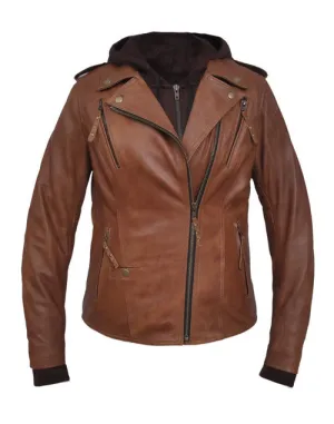 Ladies Lambskin Brown Leather Jacket with Removable Hoodie