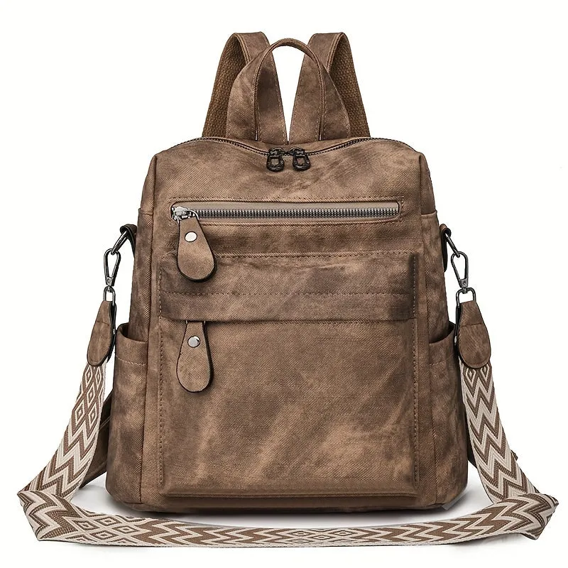 Large Capacity Vintage Style PU Leather Backpack - Adjustable Strap, Multiple Pockets, Water-Resistant, Durable, Multi-Functional Travel Bag with Polyester Lining and Bohemian Strap for Women