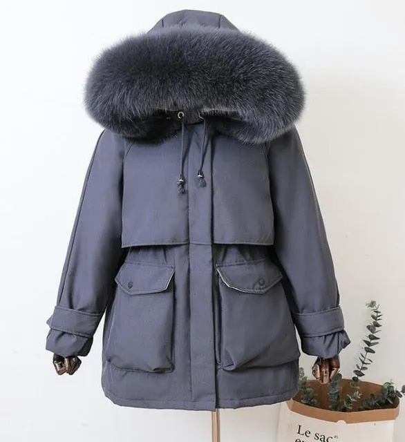 Large Natural Raccoon Fox Fur Hooded Winter Down Coat Women