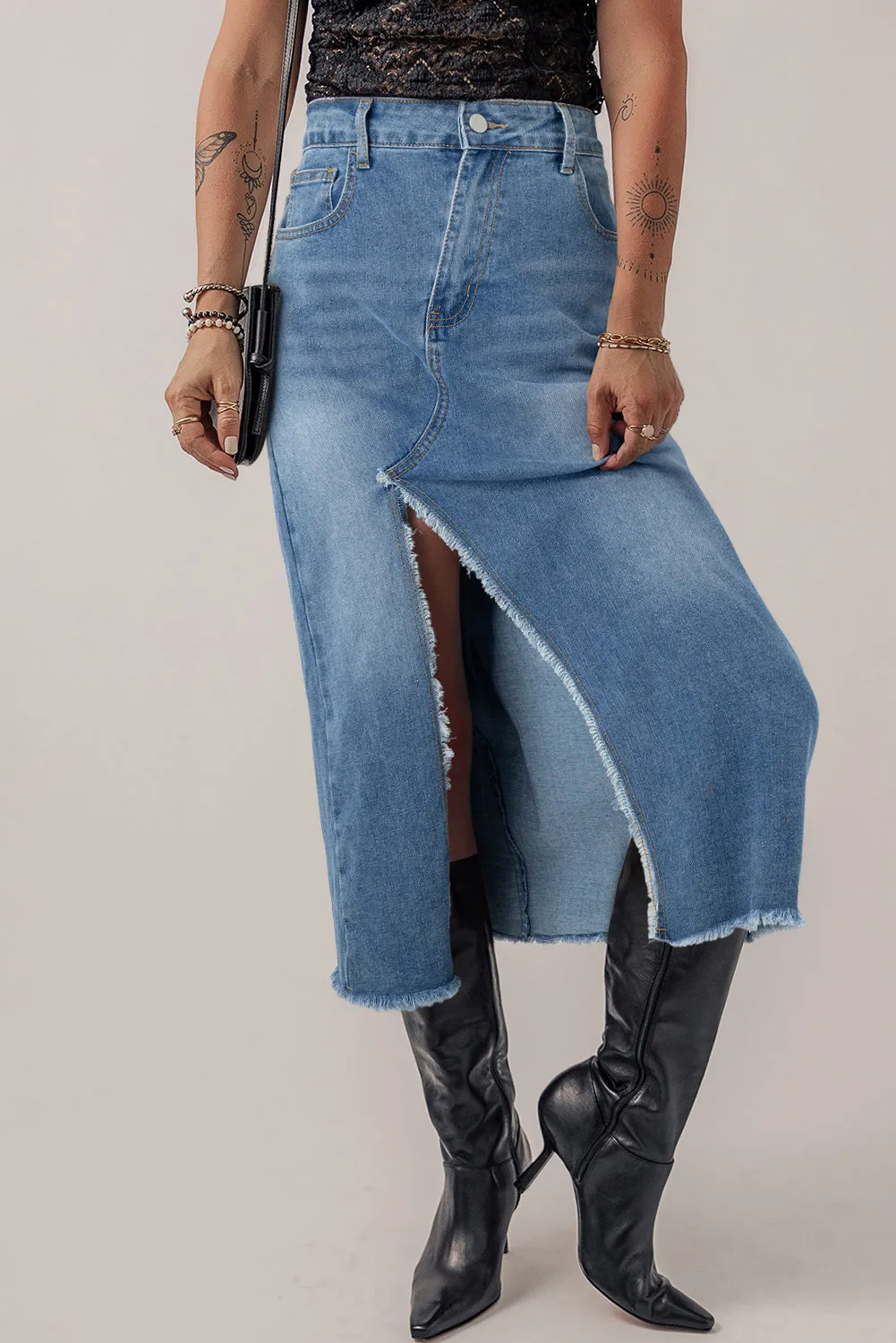 Light Blue Frayed Slit Asymmetric Denim Midi Skirt