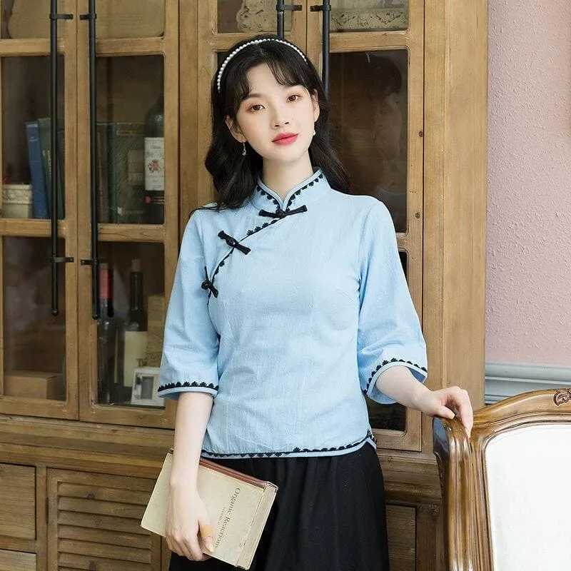 Lightblue Hanfu-Inspired 2-Piece-Set: High-Neck Top   Midi Skirt