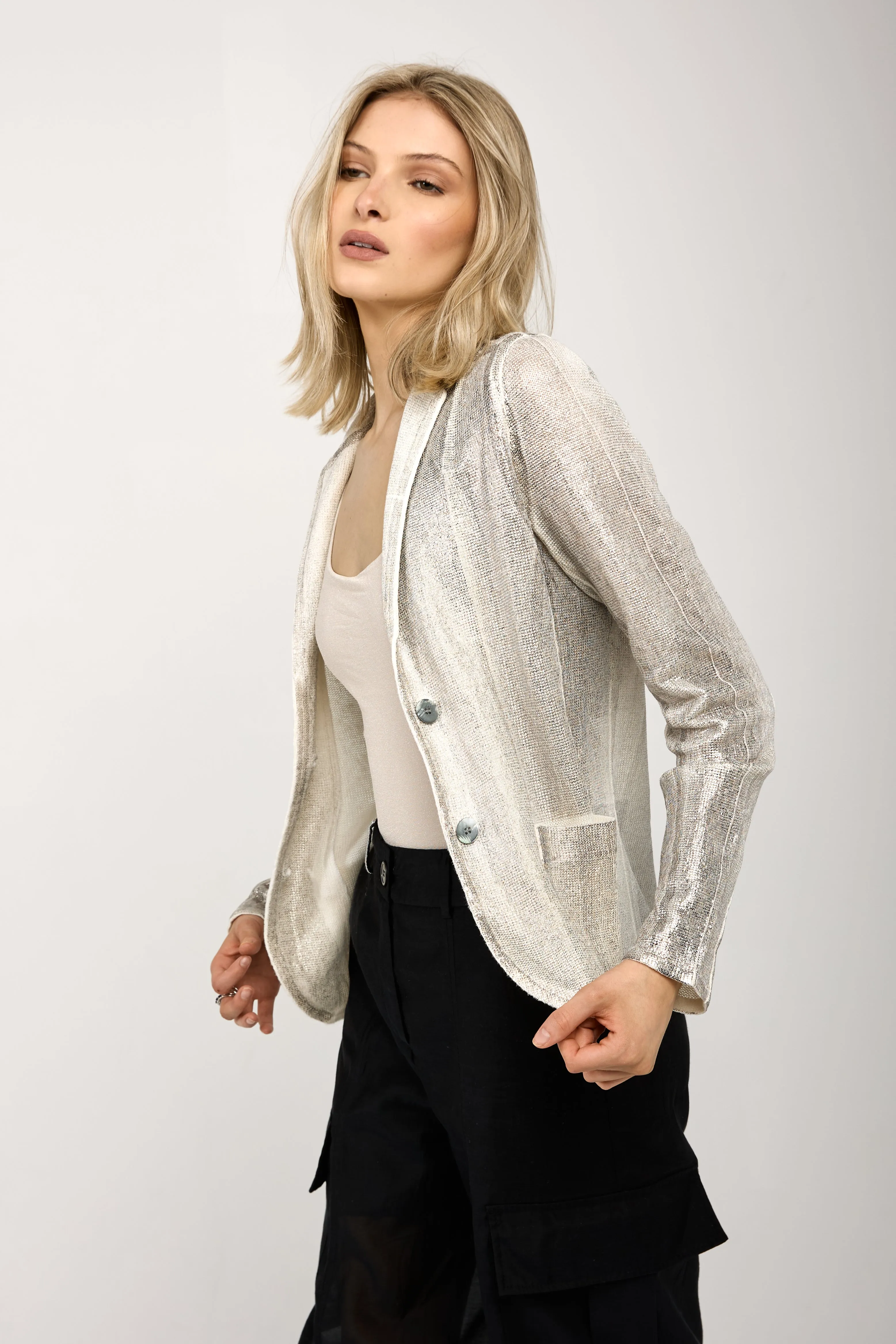 Linen Blazer Jacket with Lamination in Bianco