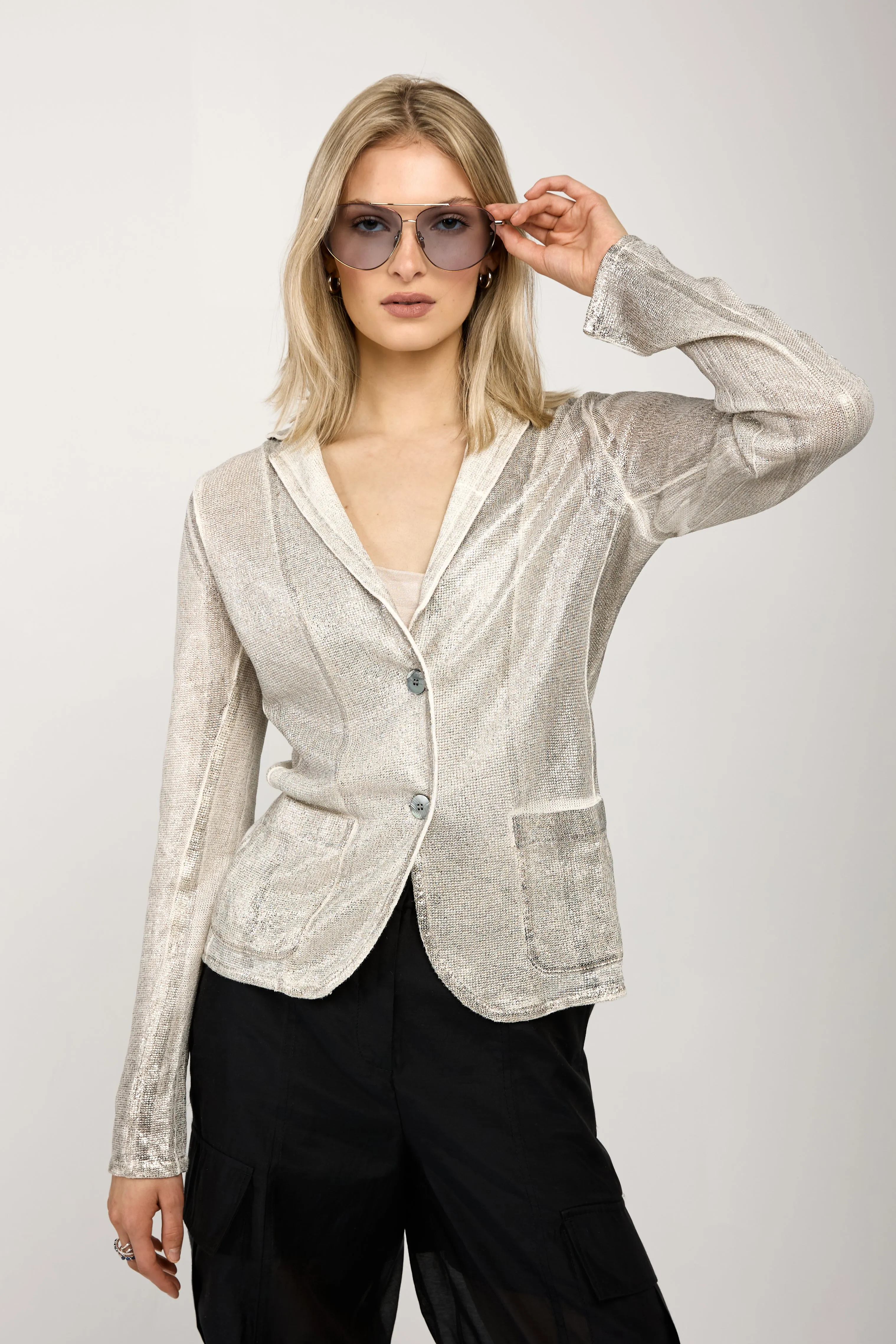 Linen Blazer Jacket with Lamination in Bianco