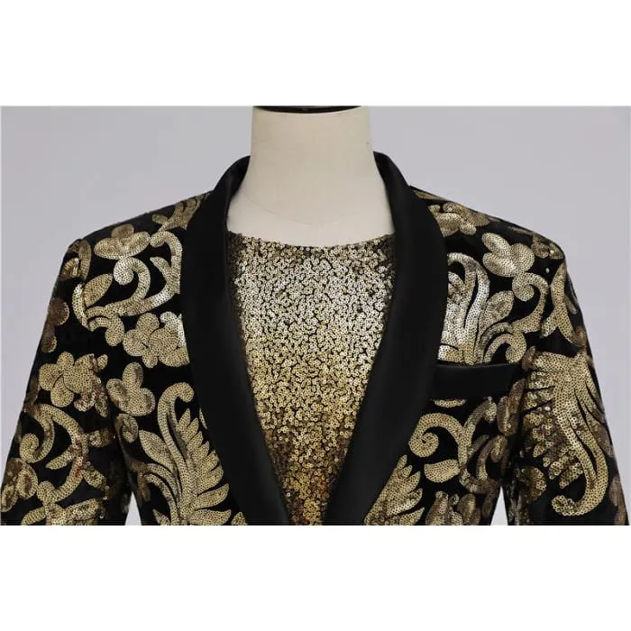 Luxury Golden Floral Embroidery Men Long Blazer