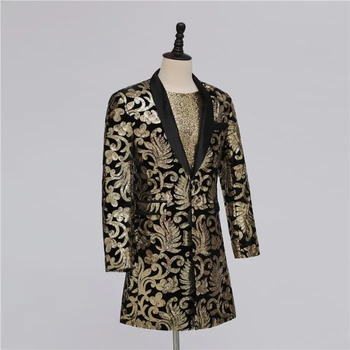 Luxury Golden Floral Embroidery Men Long Blazer