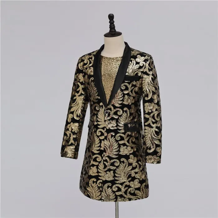 Luxury Golden Floral Embroidery Men Long Blazer