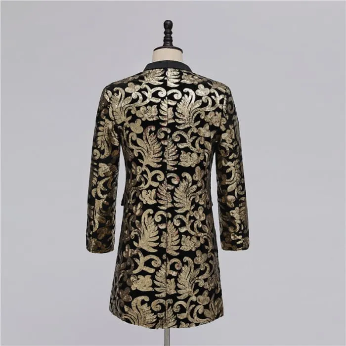 Luxury Golden Floral Embroidery Men Long Blazer