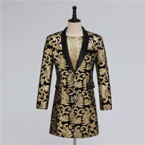 Luxury Golden Floral Embroidery Men Long Blazer