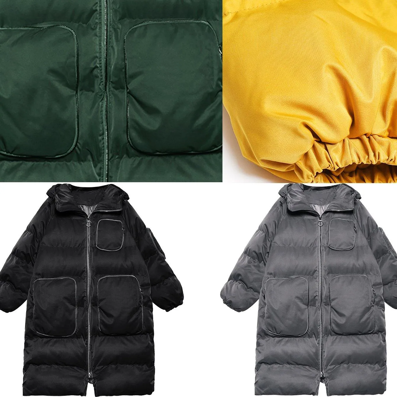 Luxury green winter parkas Loose fitting snow jackets winter hooded zippered coats