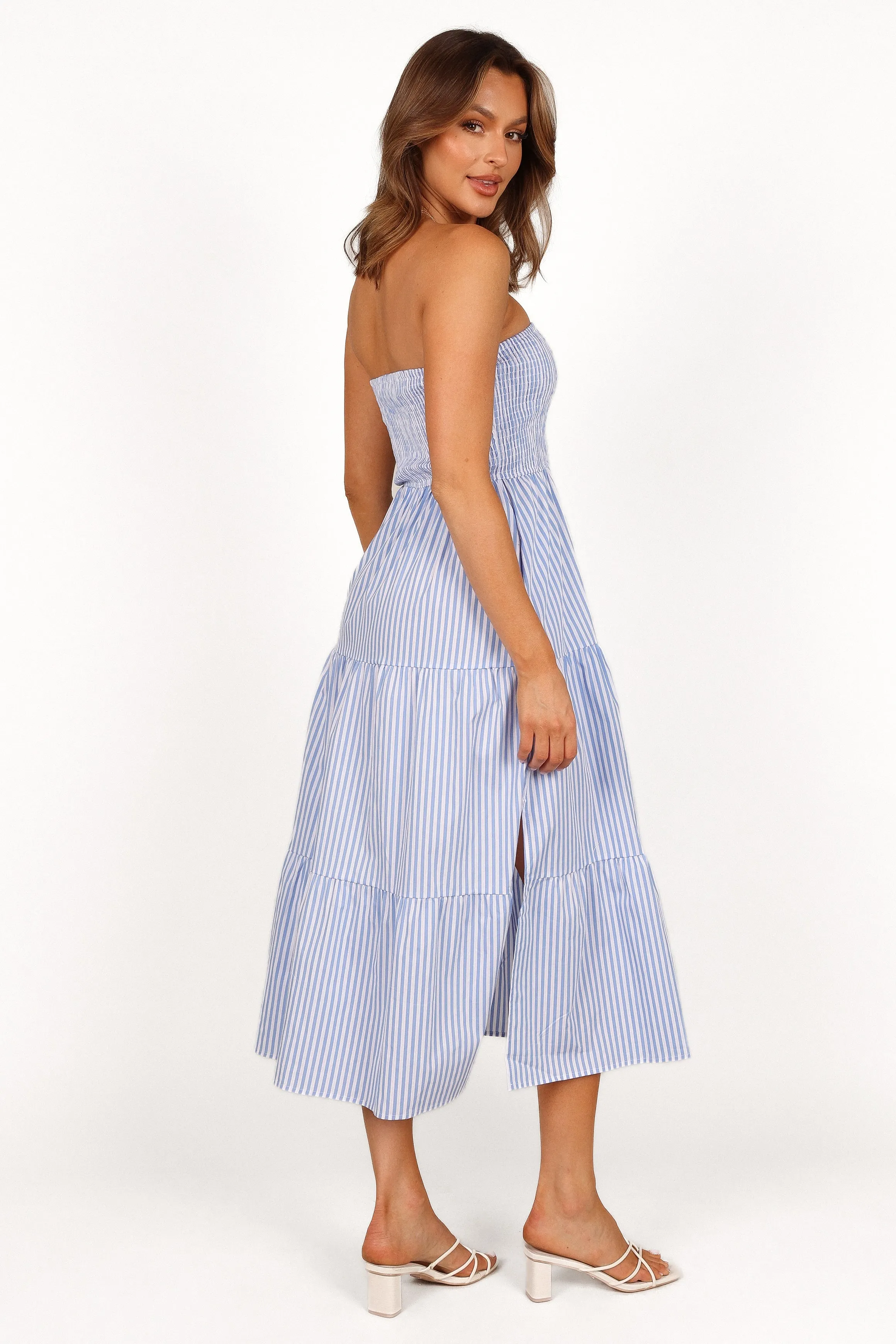 Maisie Strapless Midi Dress - Blue Stripe