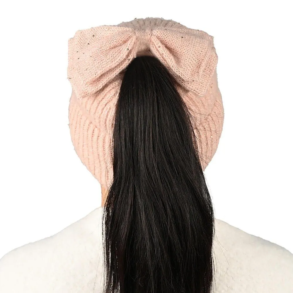 MBE0104 Messy Bun Bow With Sequins Beanie