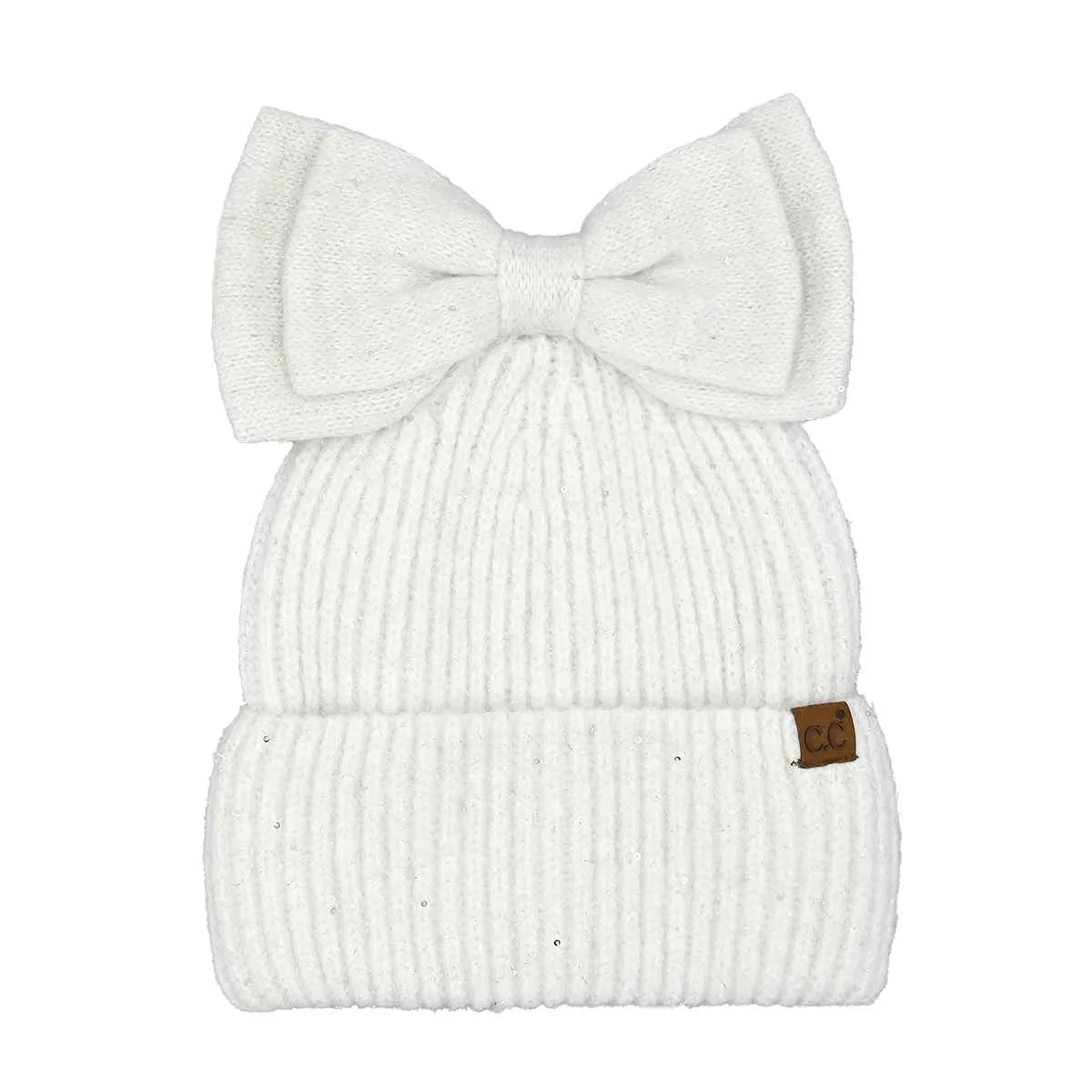 MBE0104 Messy Bun Bow With Sequins Beanie