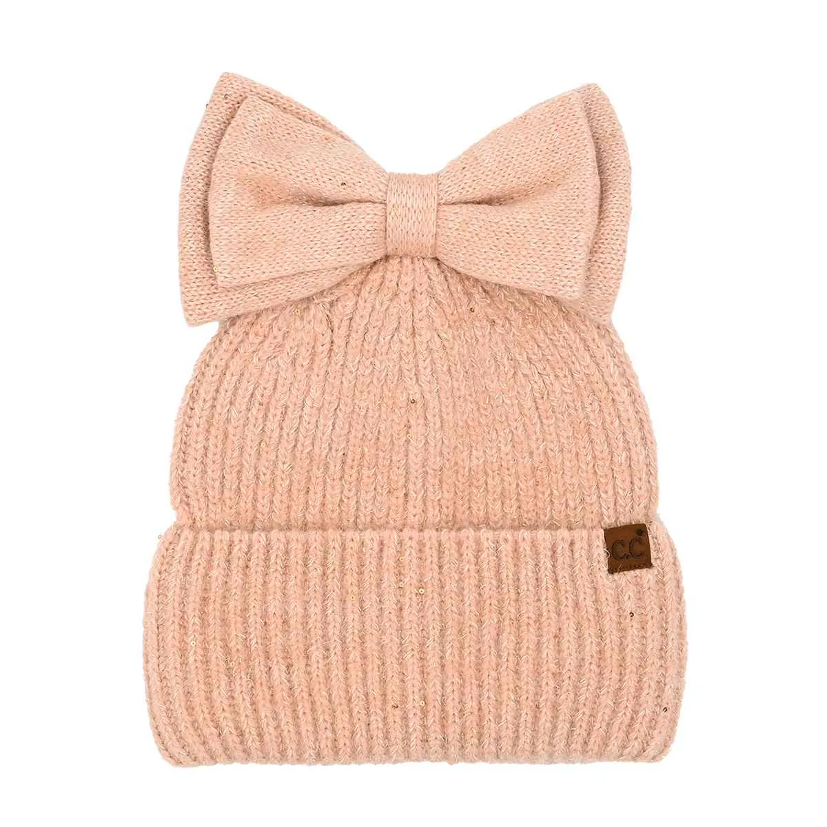 MBE0104 Messy Bun Bow With Sequins Beanie