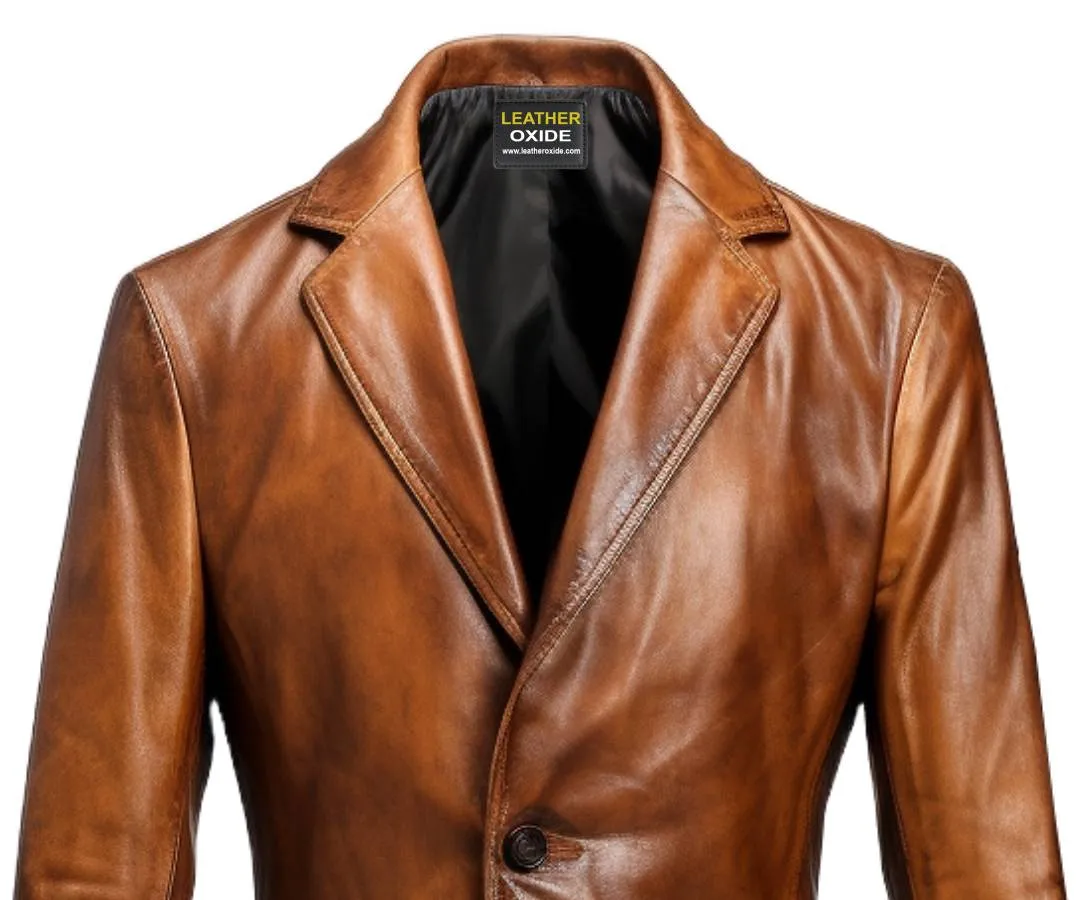 Men Stylish Distressed Brown Leather Blazer - Men Leather Blazer