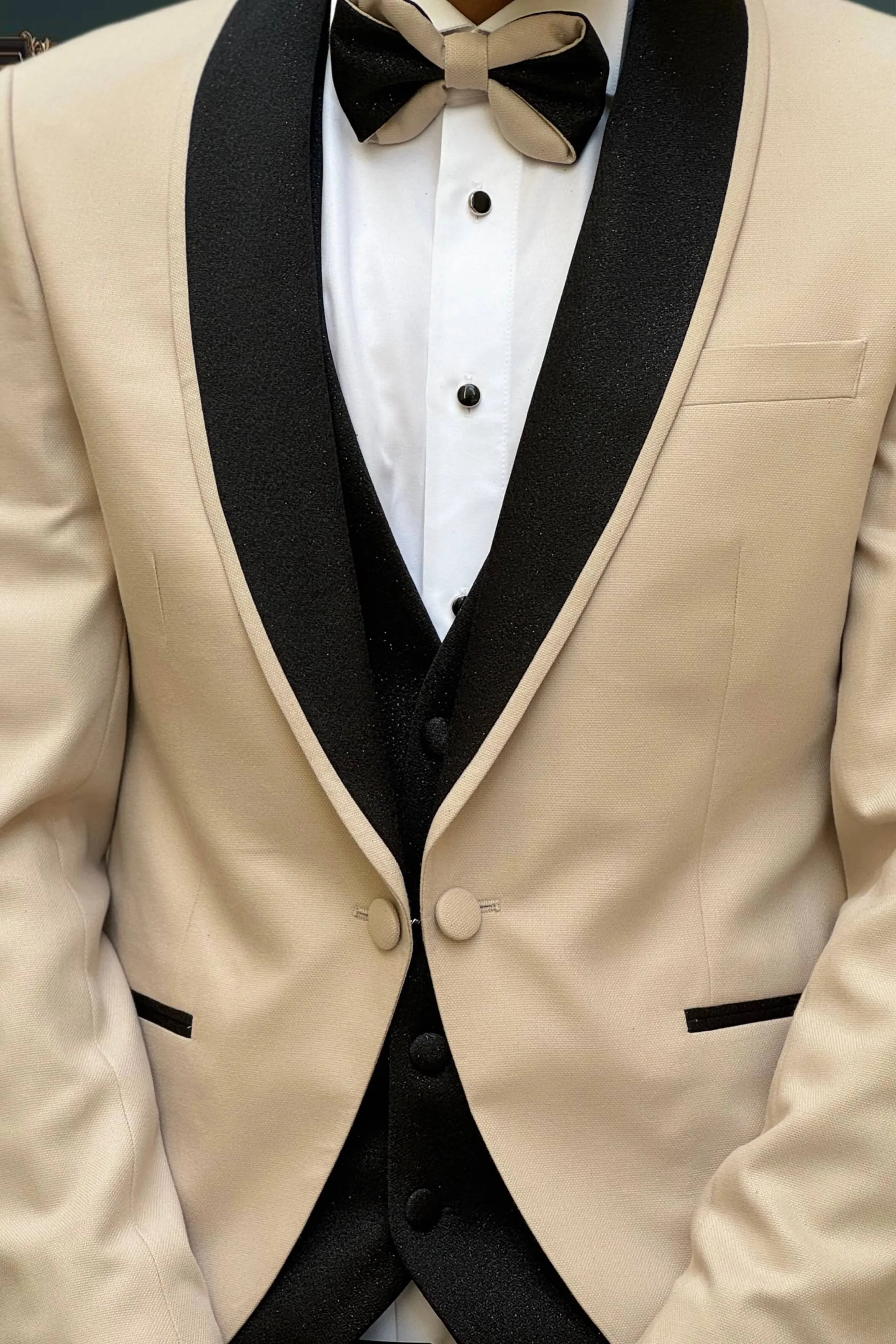 Men's Beige Tuxedo with Black Shawl Lapel and Glitter | Stylish Formal Attire