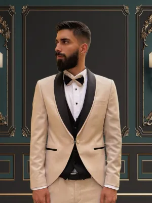 Men's Beige Tuxedo with Black Shawl Lapel and Glitter | Stylish Formal Attire