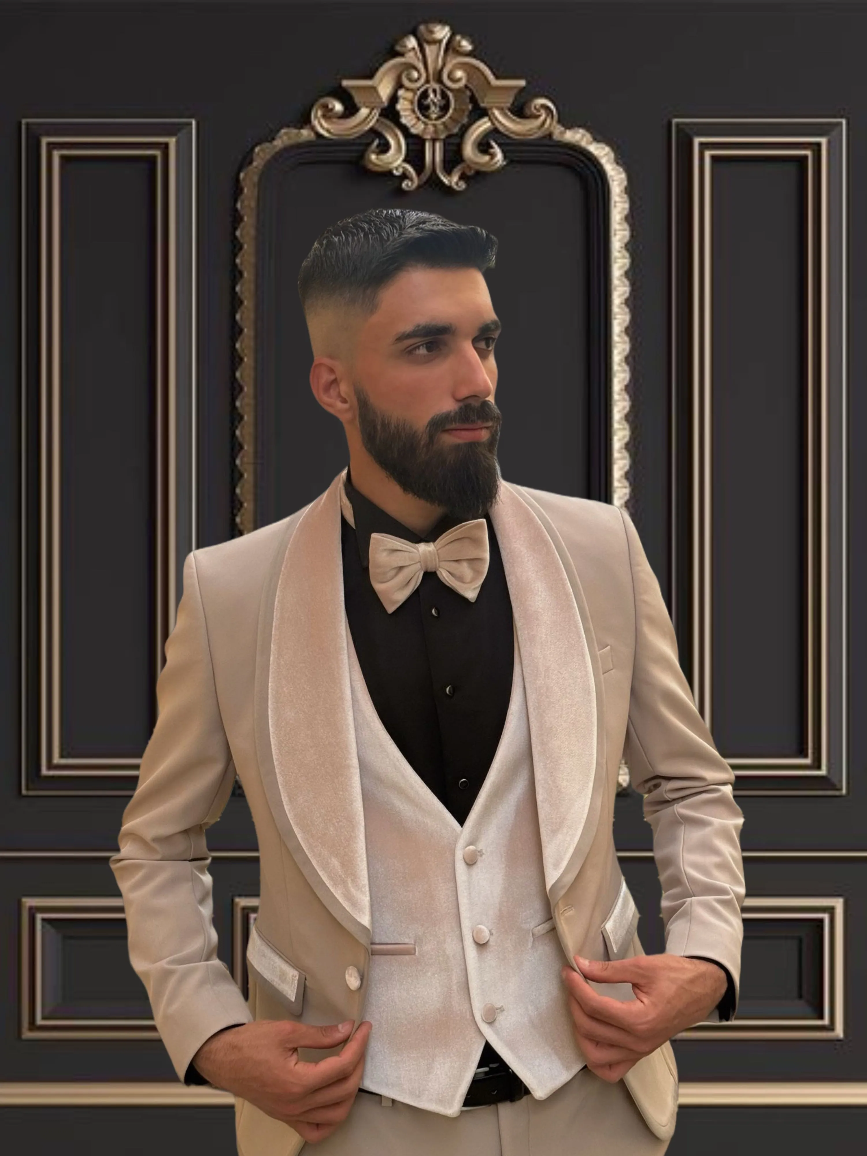 Men's Beige Tuxedo with Champagne Velvet Shawl Lapel and Vest | Elegant Formal Wear