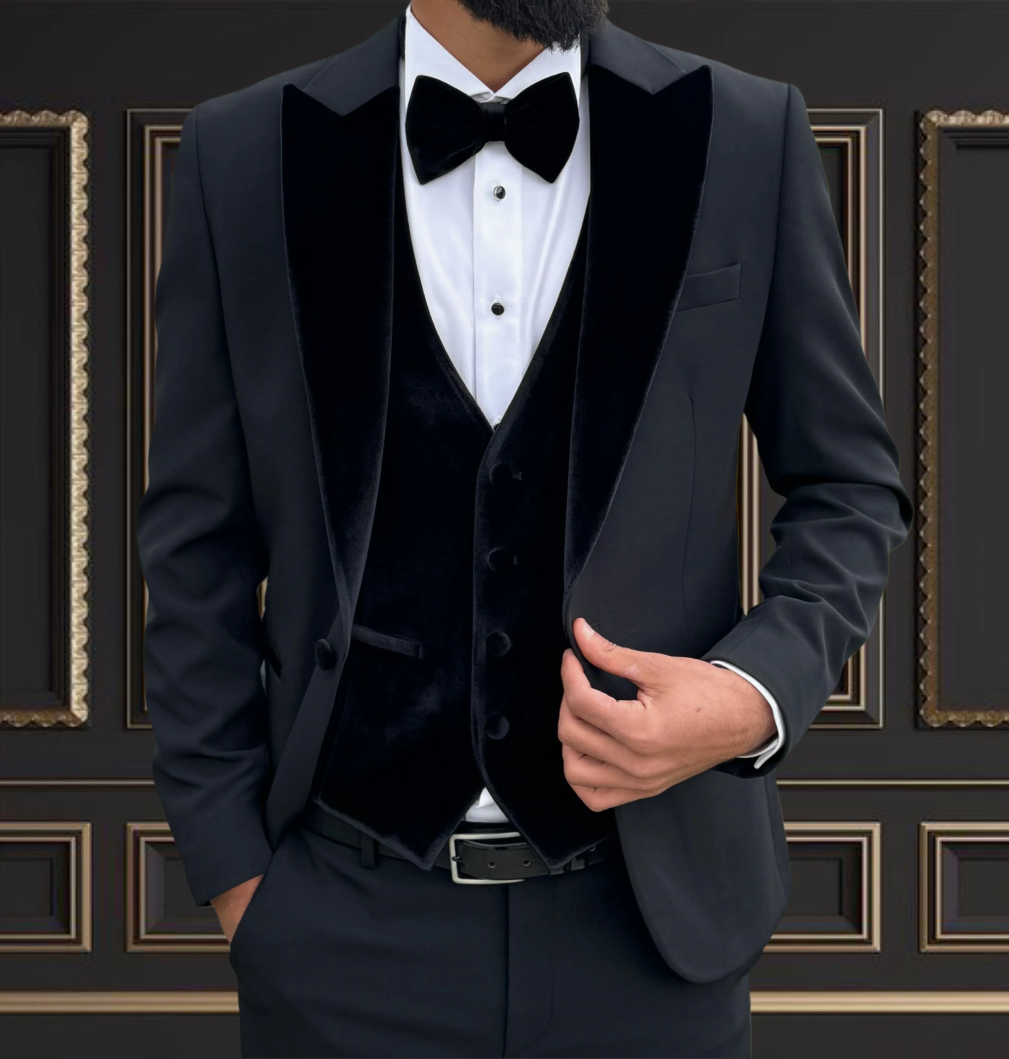 Men's Black Tuxedo with Velvet Peak Lapel | Classic Formal Wear for Any Event