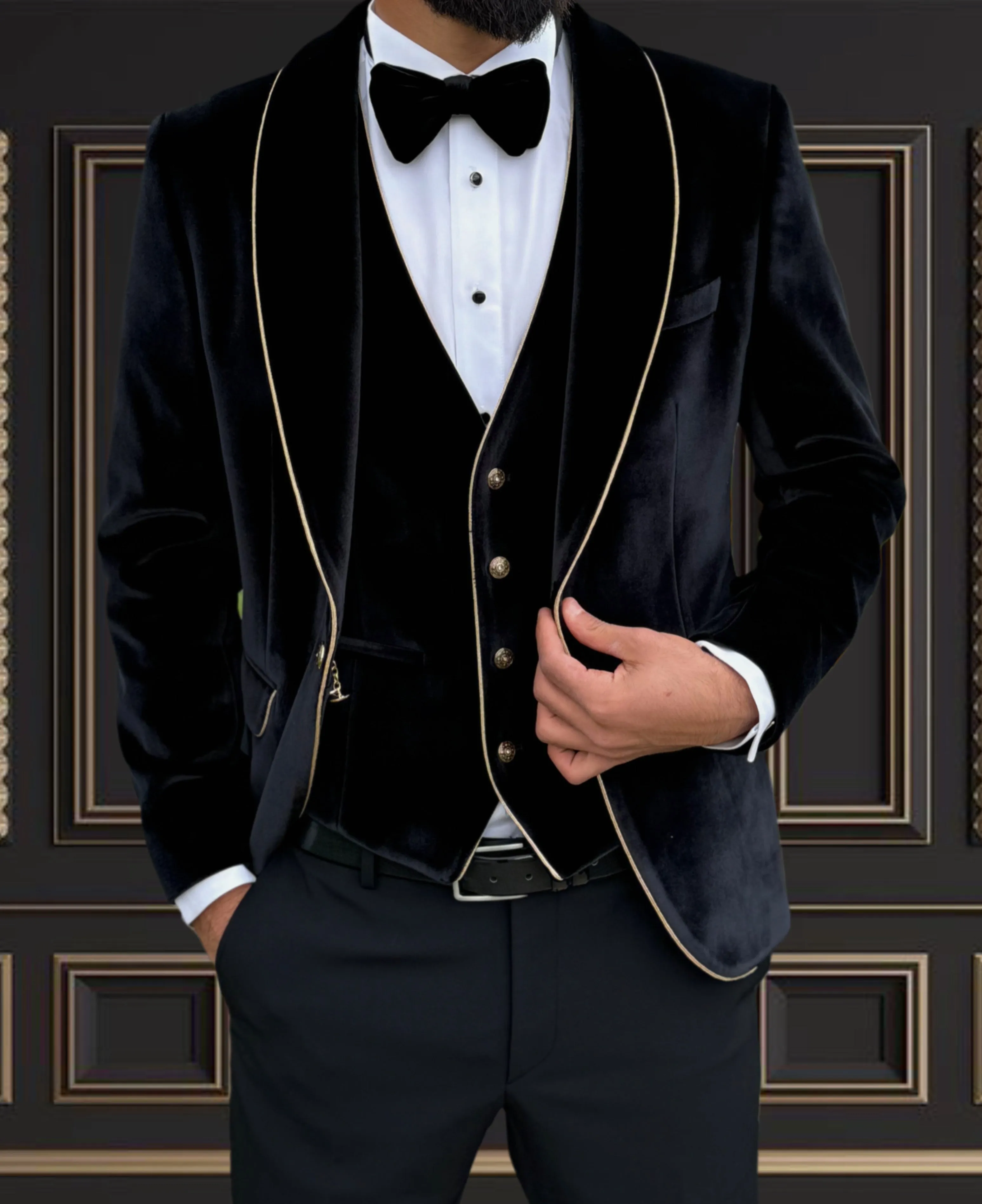 Men's Black Velvet Tuxedo with Gold Trimmed Shawl Lapel | Luxurious Formal Wear