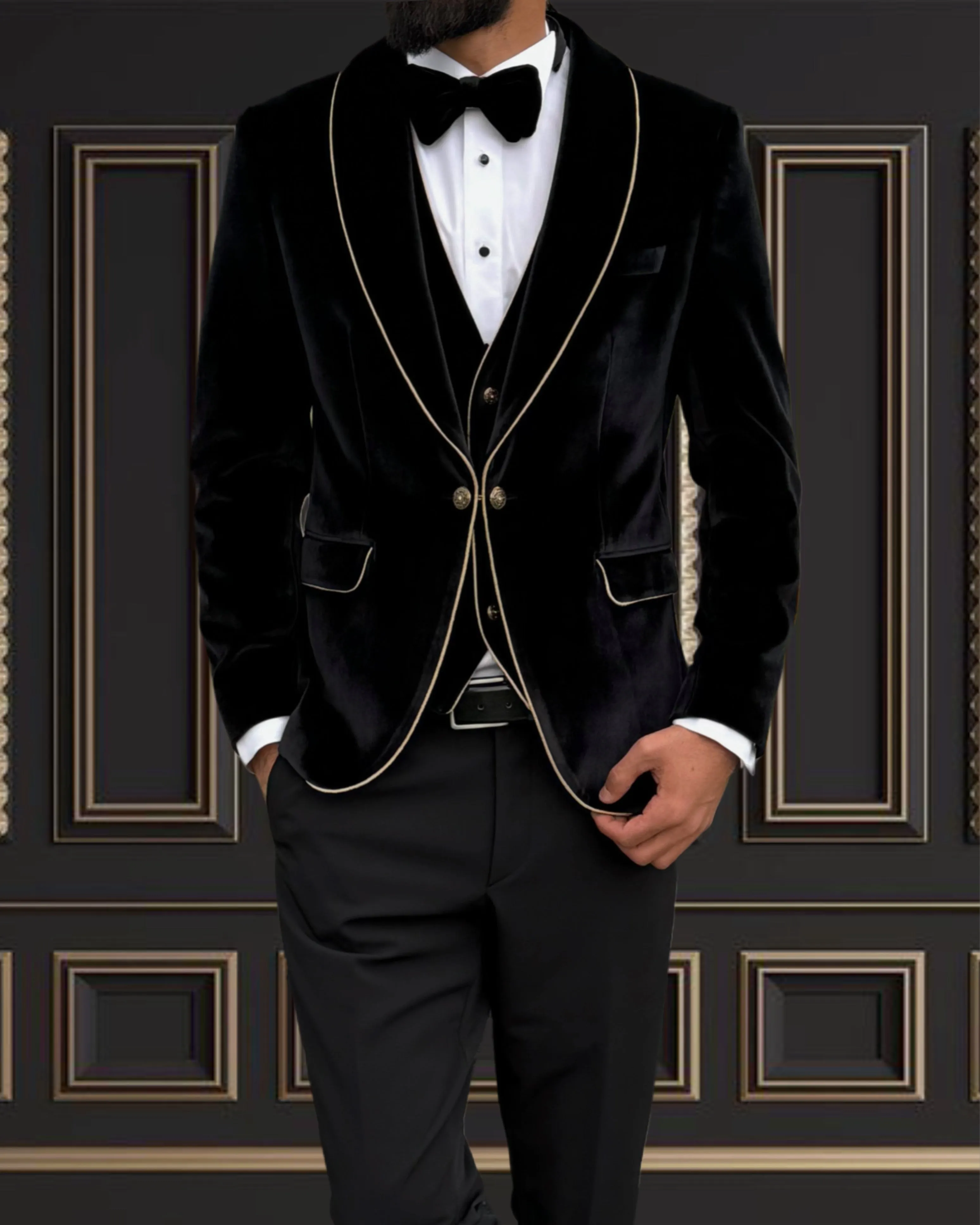 Men's Black Velvet Tuxedo with Gold Trimmed Shawl Lapel | Luxurious Formal Wear