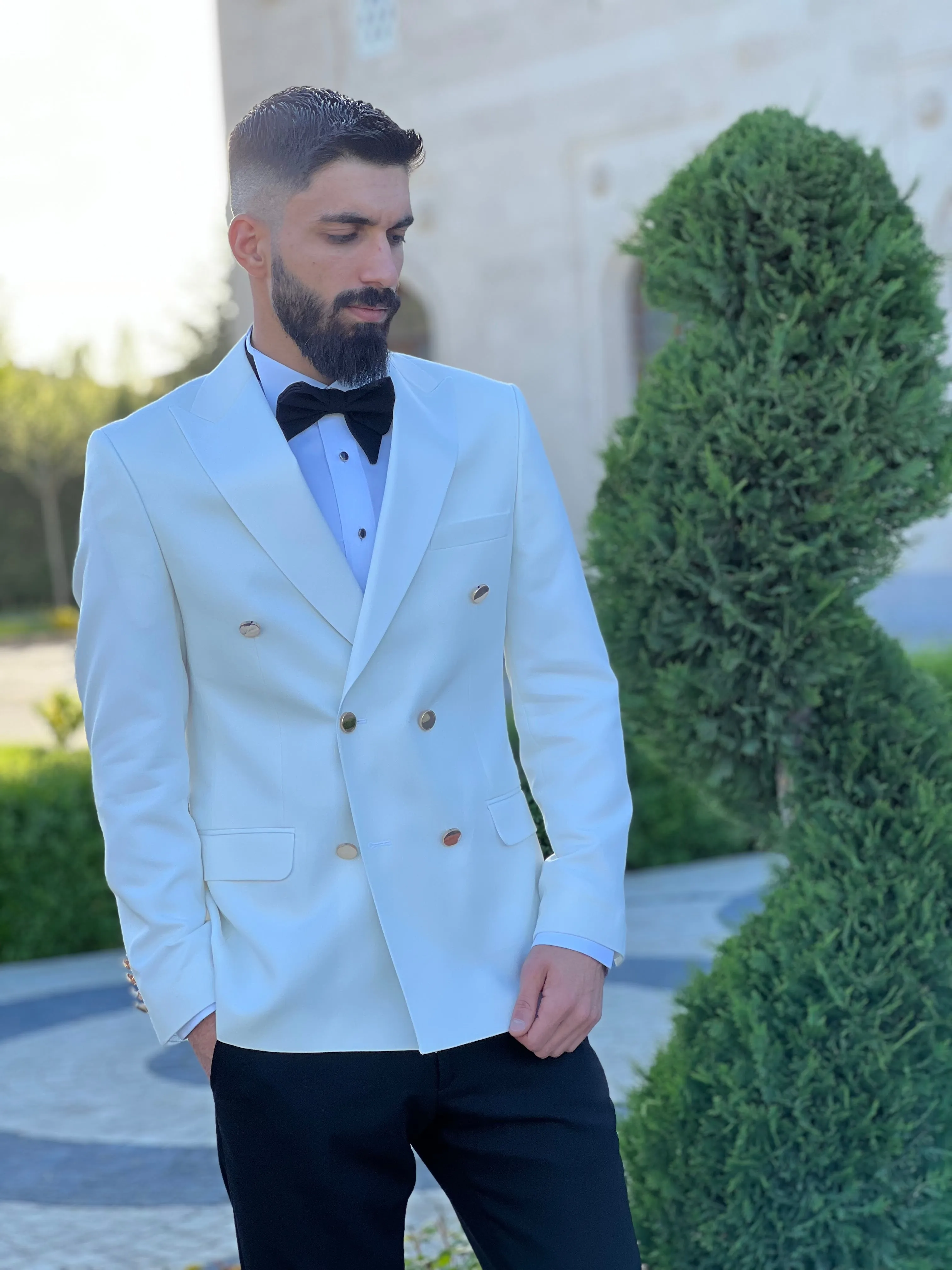 Men's Off-White Double Breasted Tuxedo with Gold Buttons and Peak Lapel | Elegant Formal Wear